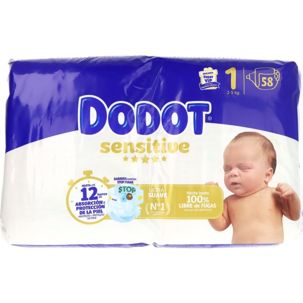 Dodot Sensitive Talla 1 2-5kg 58 Pañales - Protección y Cuidado para la Piel Sensible del Recién Nacido